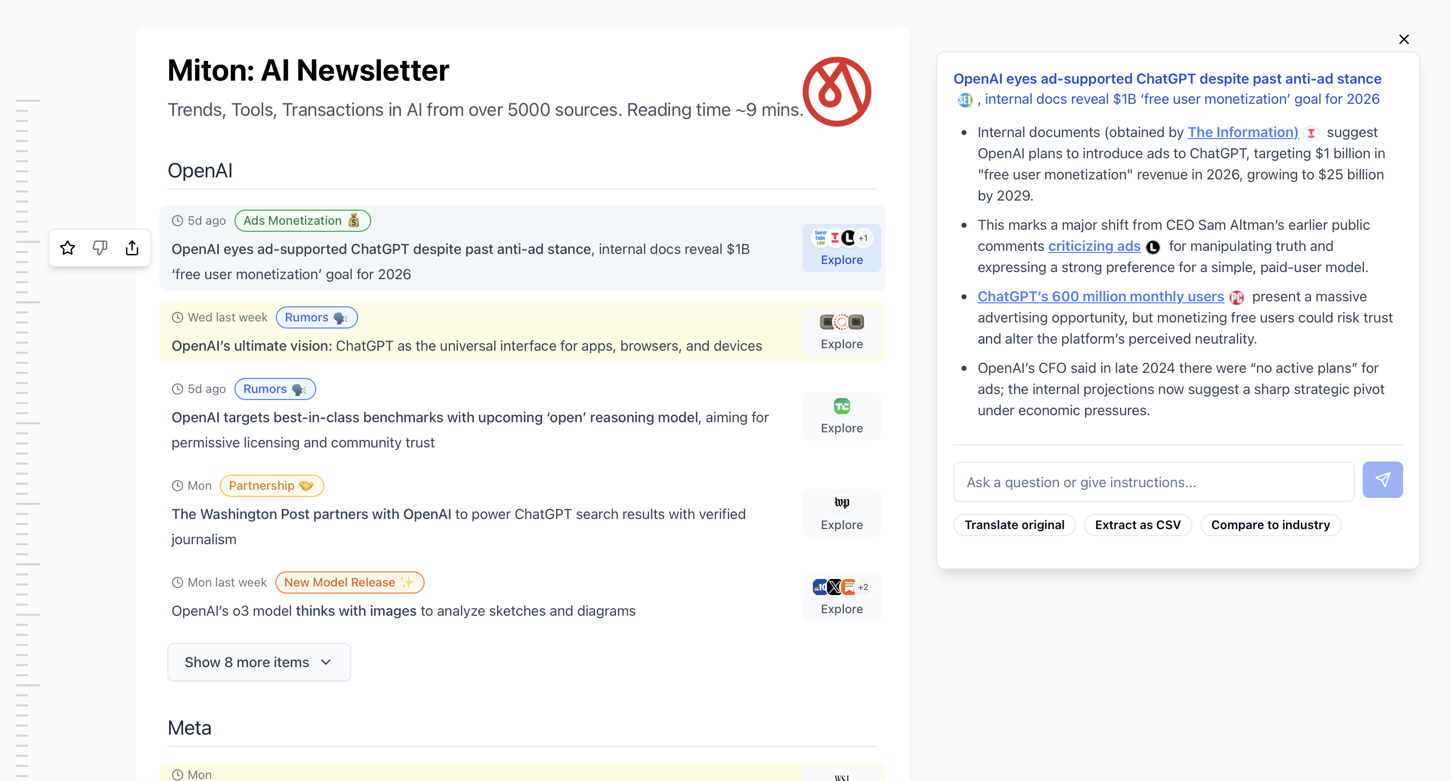 Screenshot of the Miton AI Newsletter report interface showing curated AI news and trends